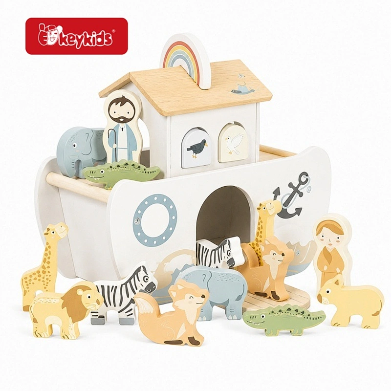 Magicolor Cream White Natural Wood Noah's Ark Montessori Toy Vivid Animal Figurines Shape Sorting Interactive Pretend Play
